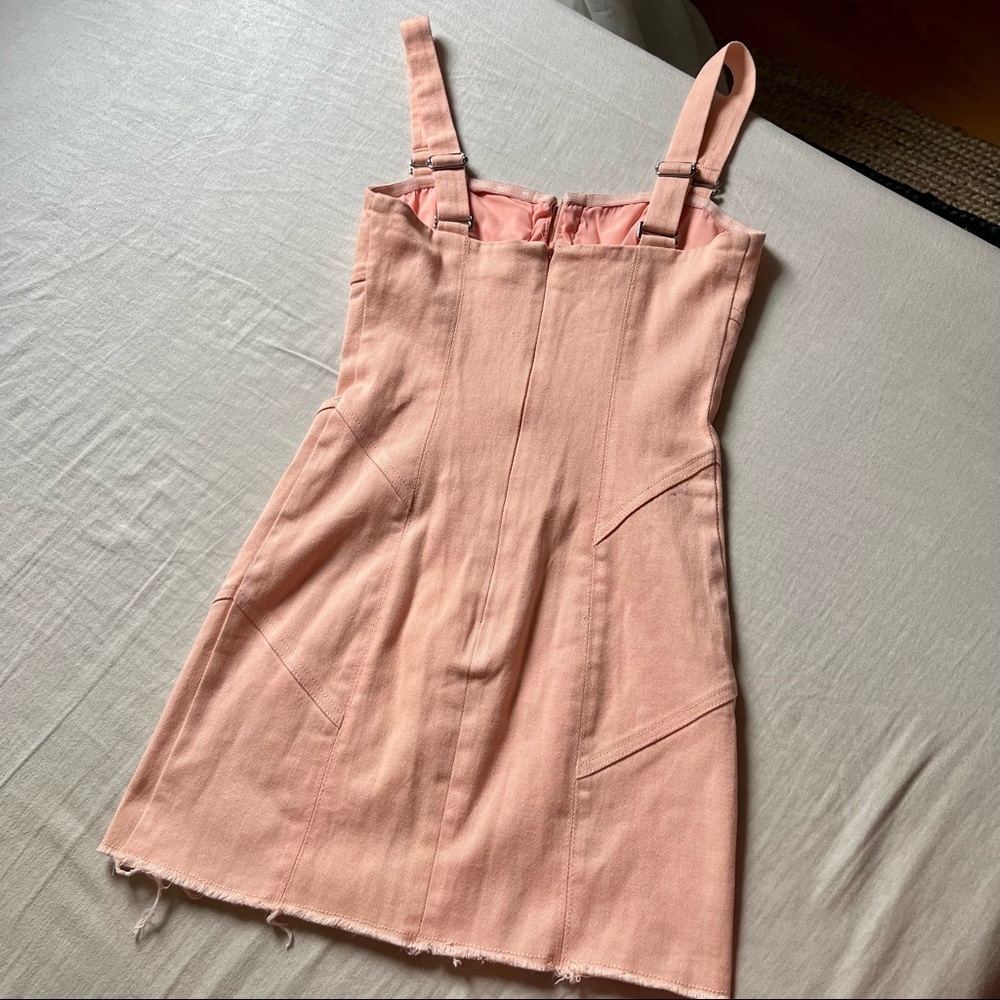 For Love and Lemons peach pink denim raw hem hook and eye detail mini dress - Picture 2 of 6